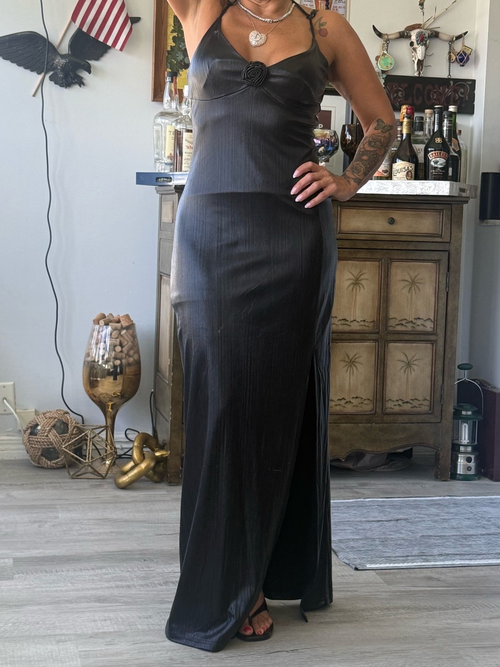Black Satin Slip Maxi Dress - Women